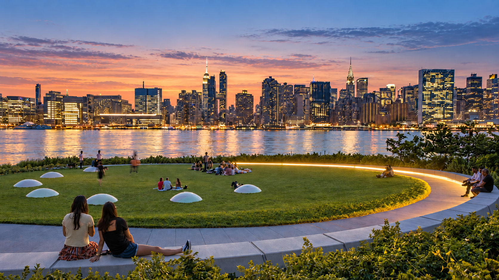 Hunter's Point Park at sunset with the Manhattan skyline beyond